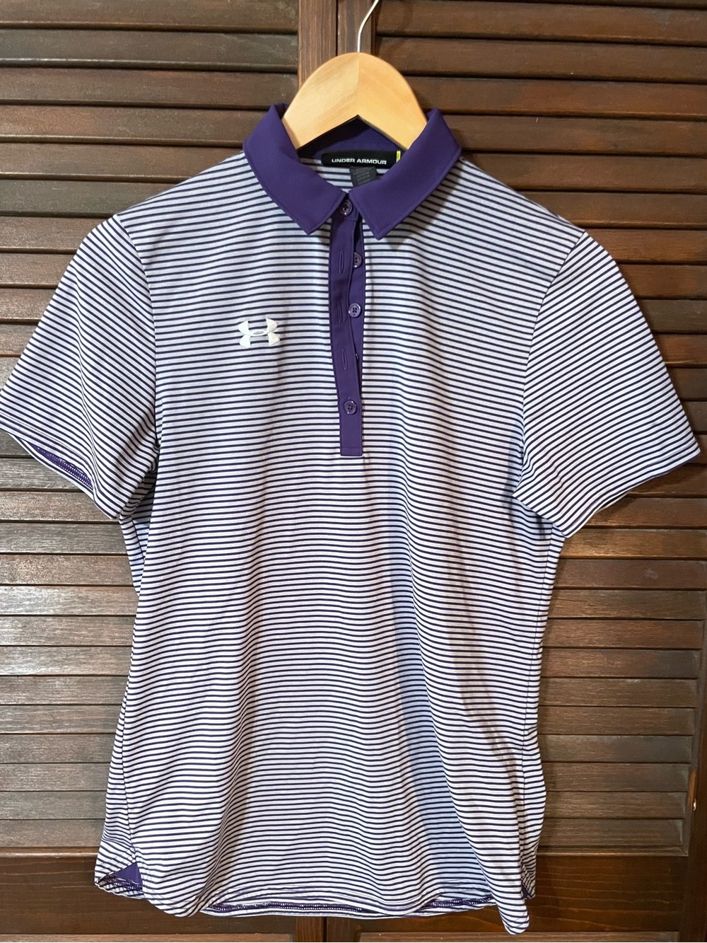 Under Armour Women's Striped Button-Down Polo in Purple and White